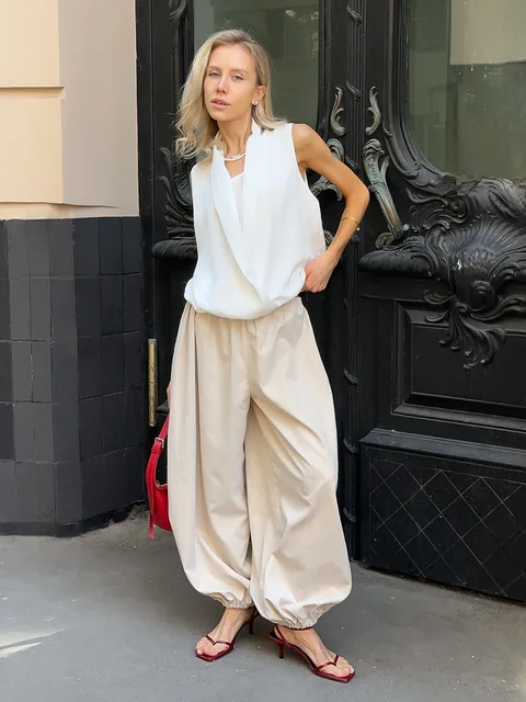 Bornladies Autumn Womens 100% Cotton Loose Lantern Style Wide Leg Pants Street Style Casual Lazy Pants Fashion Trousers