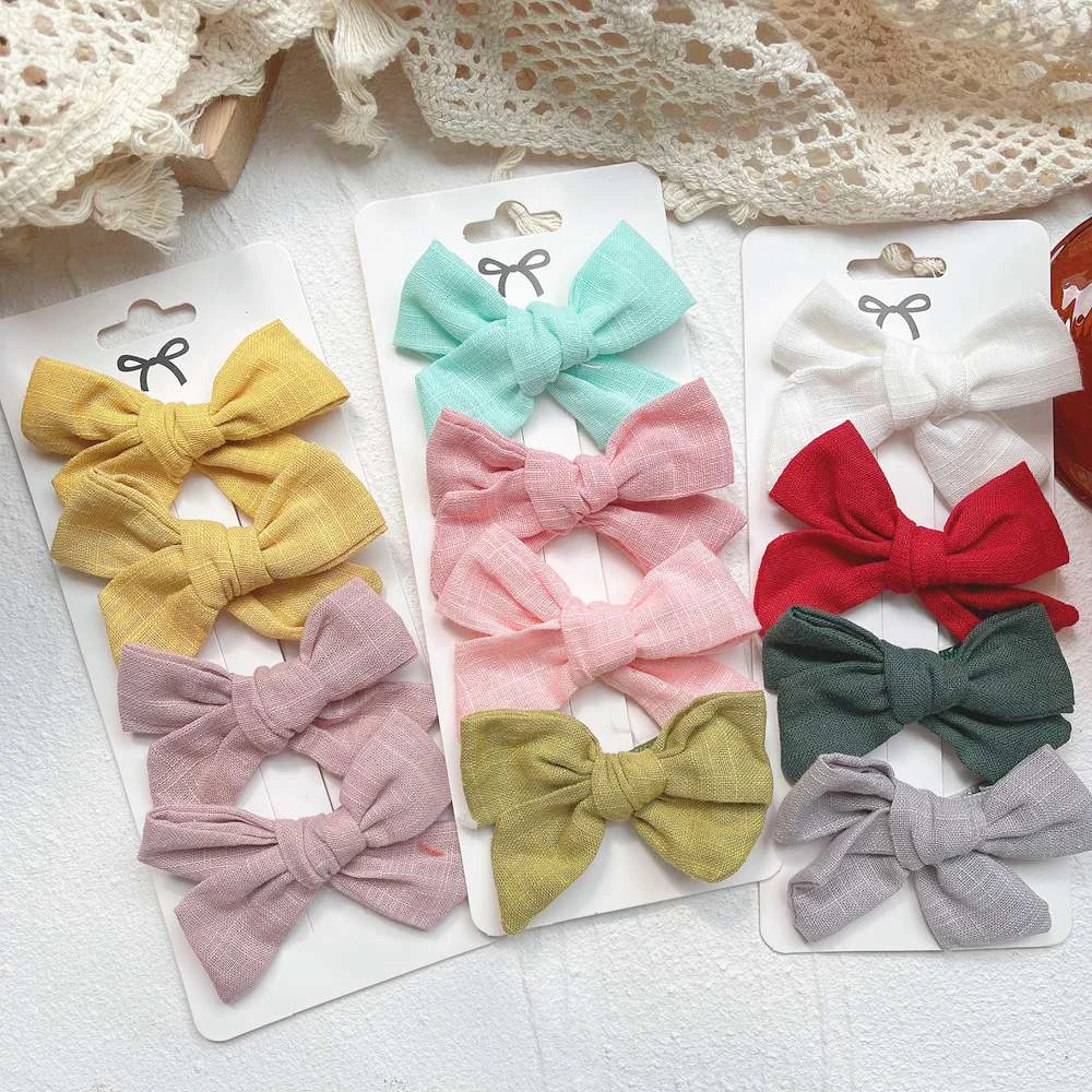 2Pcs/Set 3Inches Cotton Linen Solid Color Bowknot Hair Clip for Kids Girls Handmade Boutique Hair Bows Headwear Hair Accessories