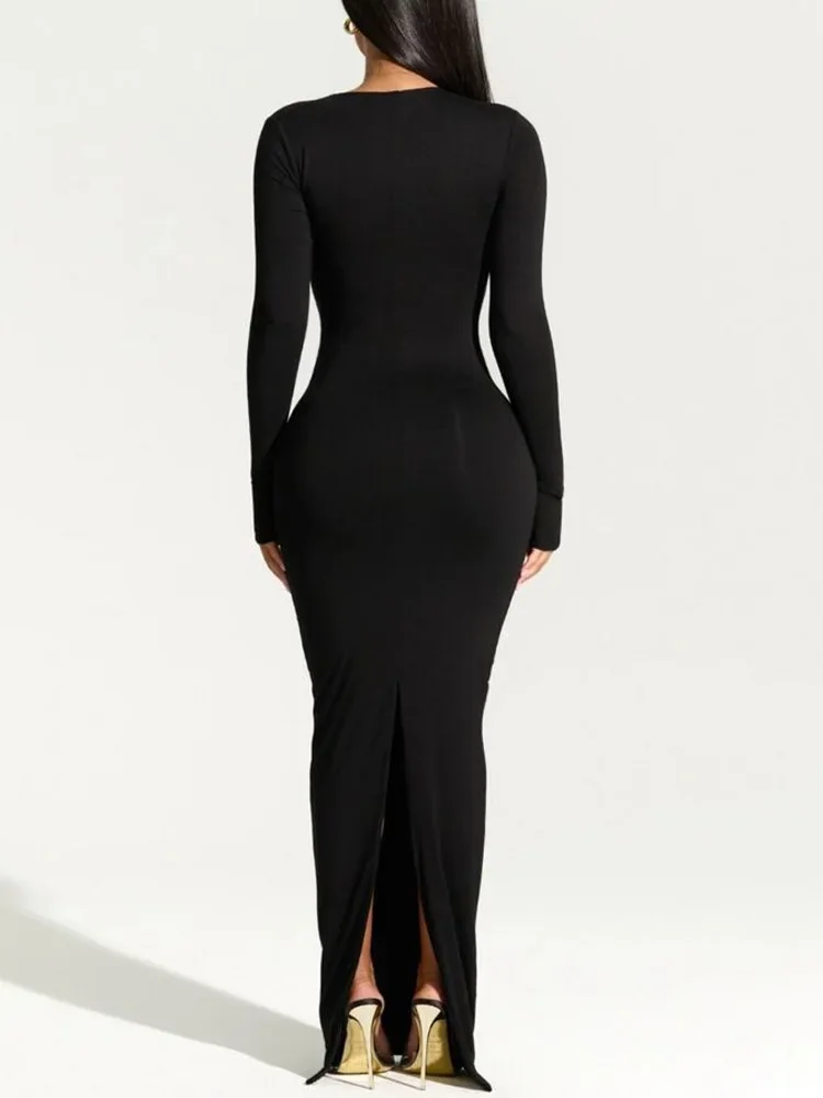 Fashion Women's Spring Irregular Neck Long Sleeve Slim Dress Solid Color Elegant Bodycon Black Long Dress Split Evening Dress