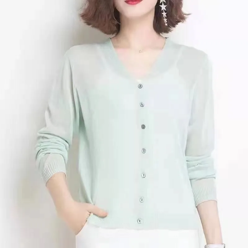 Cardigan Summer Long Sleeve Knitted Women New Ice Silk Knitwear Korean Thin Air-conditioning Sunscreen Shirt Tops