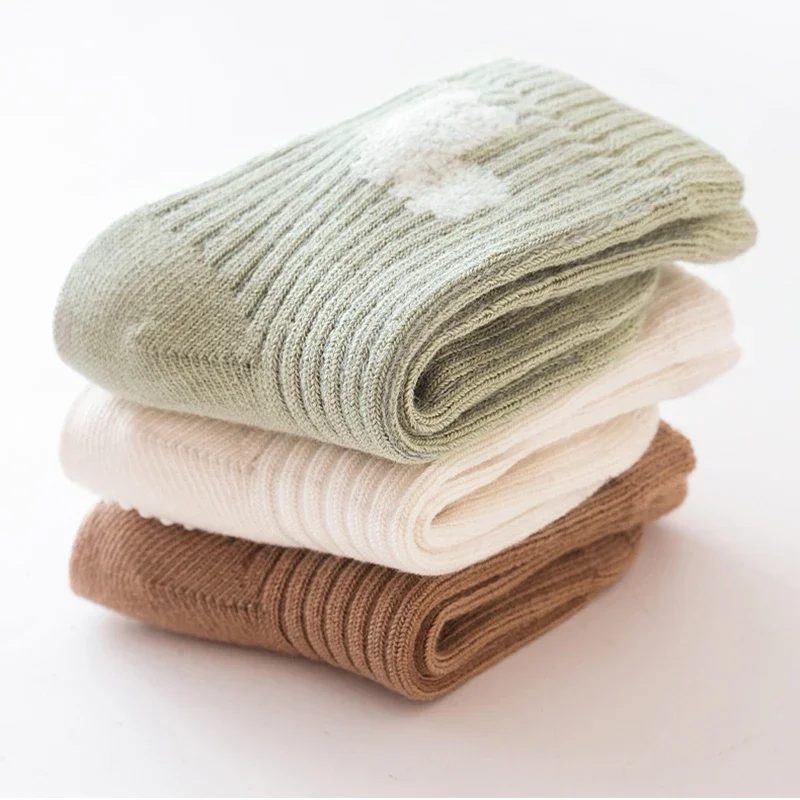 New 3 Pairs/Lot Autumn Winter 0-5Y Baby Boys Girls Non-Skid Embroidery Cartoon Socks Children Pure Cotton Solid Gripper Socks 3
