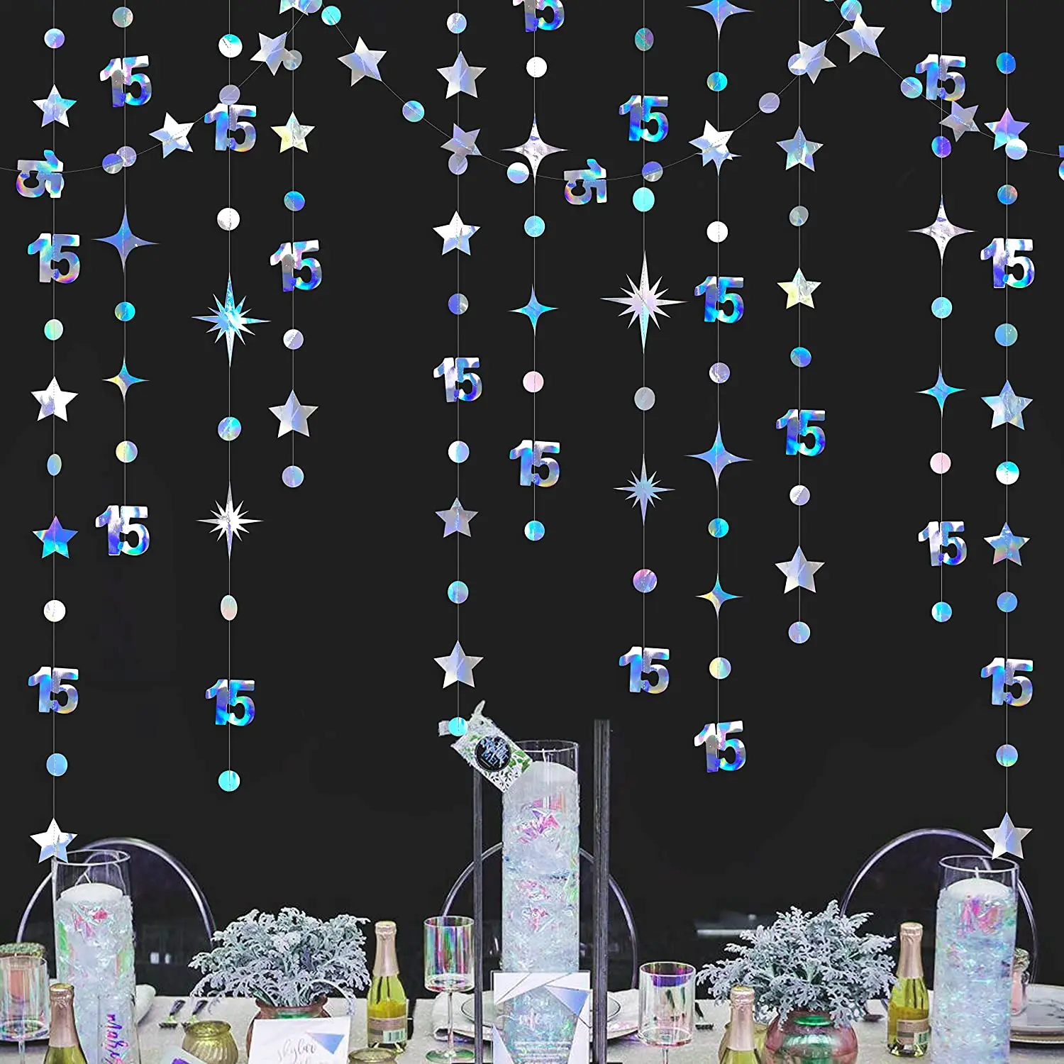 Iridescent Silver 15th Birthday Number 15 Circle Dot Twinkle Star Garlands Hanging Streamer Banner 15th Anniversary Party Decor