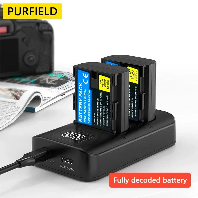 Purfield-bateria do Carregador Duplo para Canon Eos 5ds r 5d Mark ii 5d Mark Iii 6d 7d 70d 80d 2600mah 7.2v lp e6 Lp-e6 E6n Led Carregador Duplo - Image 4