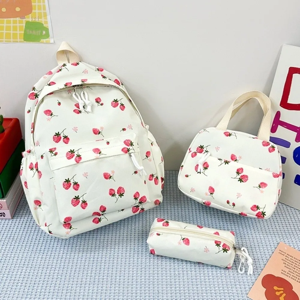 Oxford Cloth Strawberry Backpack Large Capacity Adjustable School Bag Preppy Style with Lunch Bag & Pencil Case Travel Backpack 1