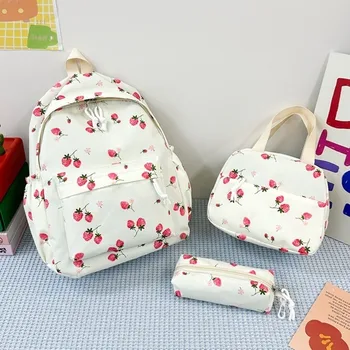 Oxford Cloth Strawberry Backpack Large Capacity Adjustable School Bag Preppy Style with Lunch Bag & Pencil Case Travel Backpack 1