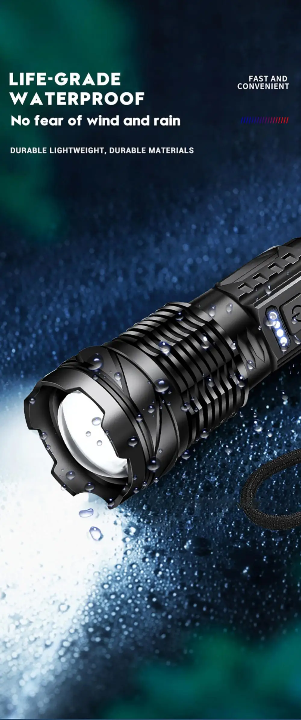 Description Picture 6 of itemPowerful XHP50 LED Flashlight Waterproof 18650 Torch With Side Light 7 Modes Camping Fishing Lantern USB Rechargeable Zoom Lamp