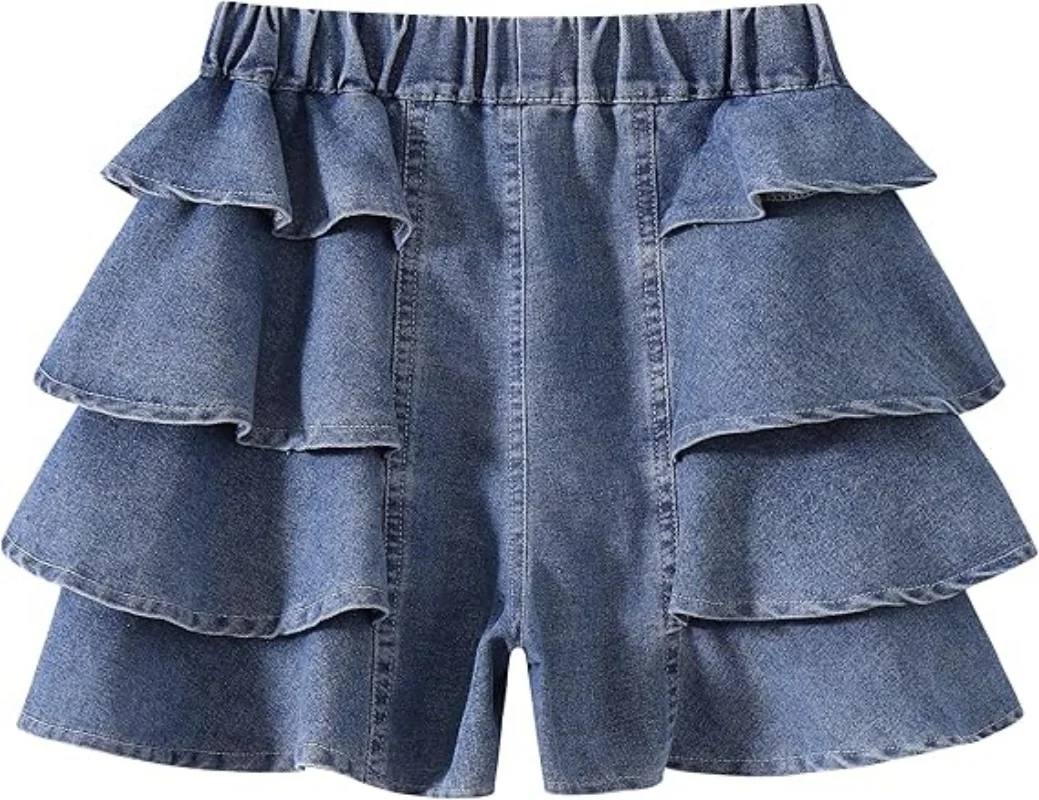 Kids Girls Jean Shorts Loose Fit Soft Cotton Comfy Ruffle Children Pull On Denim Shorts-Ages 4 to 14