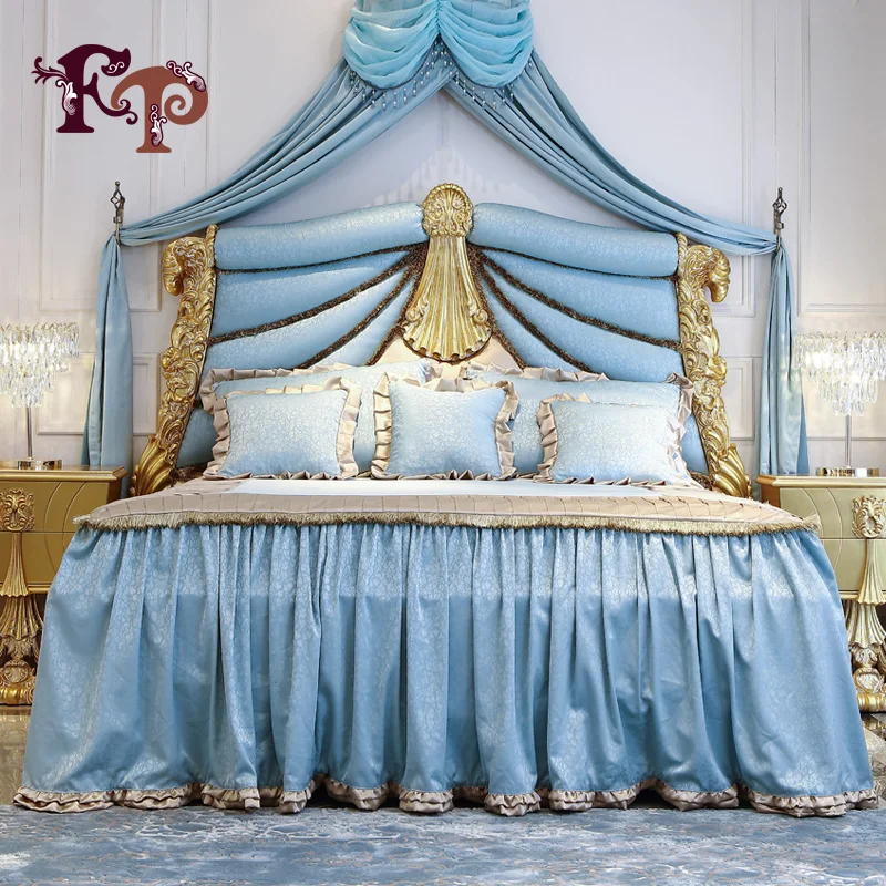 Baroque classical palace villa handmade solid wood carved King Bed French gold foil double bed |