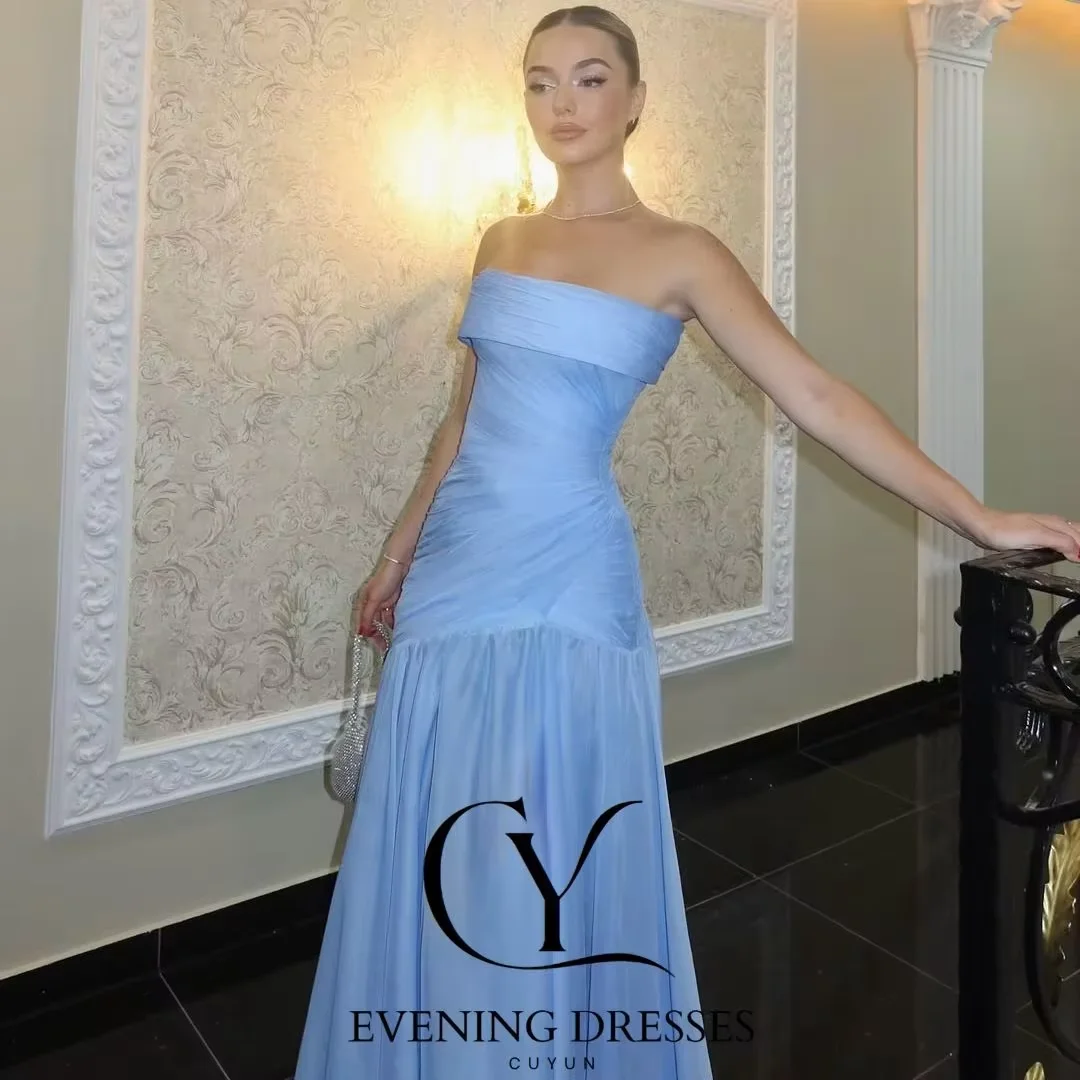 blue strapless wedding guest dress Zapakasa Women Blue Floral Long Chiffon Wedding Guest Dress with Pleats  Strapless A Line Lace Up Back Bridesmaid Dress main image 0