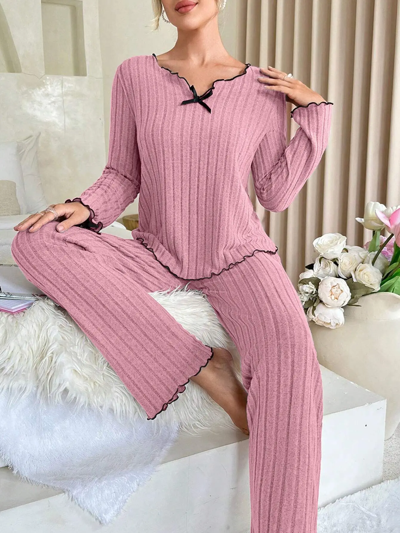 Flannel Warm Sleepwear Women Casual Pajamas Set Long Sleeve T-shirt Top and Trousers Set Homewear Autumn Winter Loungewear 5