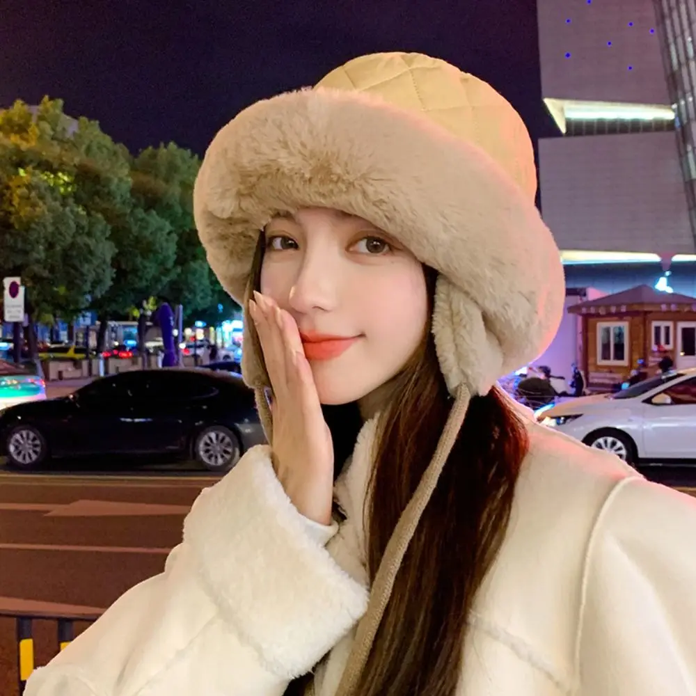 

1PC Women Keep Warm Plush Hat Woolen Winter Soft Bucket Cap Outdoor Fluffy Down Ear Protection Hat