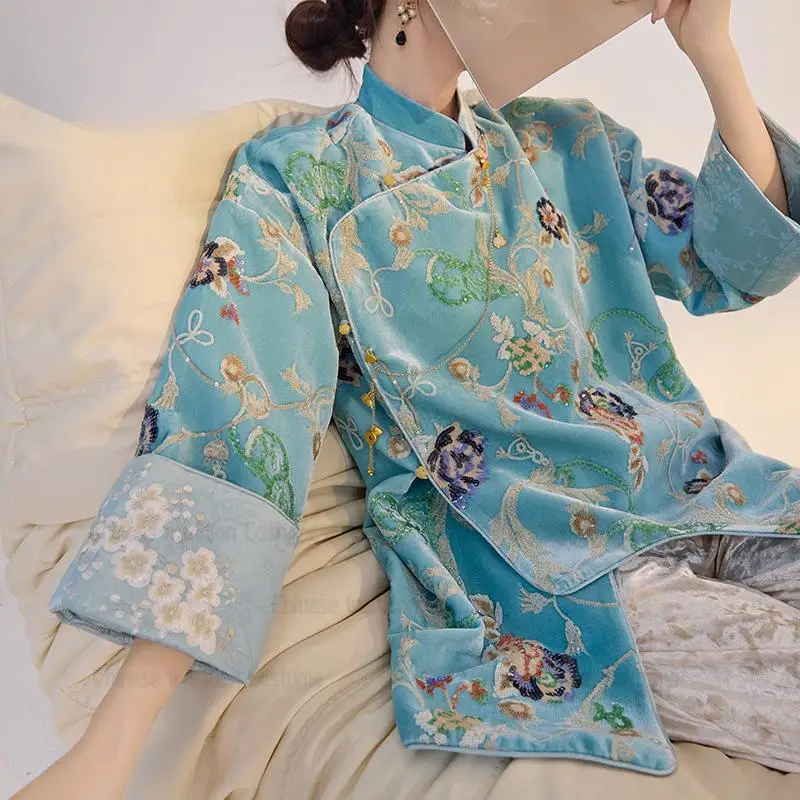 Women Tang Clothes Jacquard Flower Jacket Vintage Chinese Style Loose Hanfu Qipao Autumn Winter