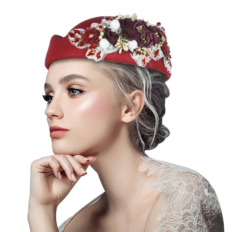 8191 Vintage Felt Turban Hat For Women Church Derby Fascinator With Flower Vintage Felt Turban Hat for Women Church Derby Fascinator  main image 2