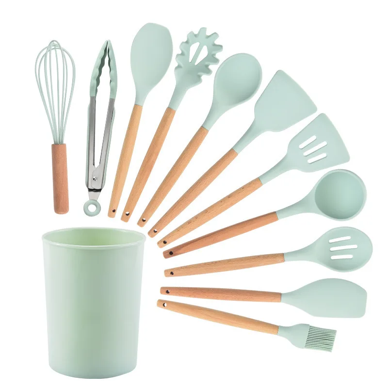 Premium Silicone Kitchen Utensils Set with Wood Handle and Storage Bucket - 12 Piece Collection