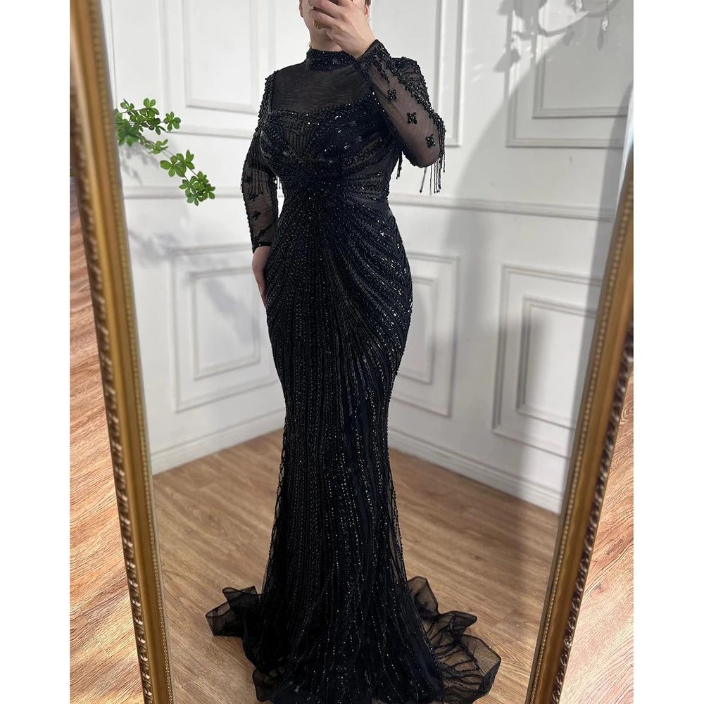 Serene Hill Nude Muslim Beaded Tassel  Mermaid Dubai Arabic Evening Dresses Gowns Luxury 2023 For Women Wedding Party LA71533