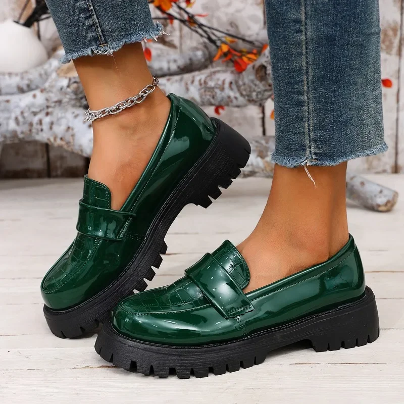 Platform Loafers Autumn New Round Toe Deep Mouth Soft Sole Non-slip Wear-resistant Block Heel Single Shoes