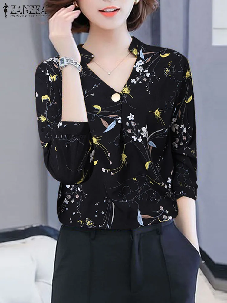 

ZANZEA Women Floral Print Blouse Elegant Blusas Fashion Office V-Neck Tops Vintage 3/4 SleeveWork Casual Shirt Female Tunic