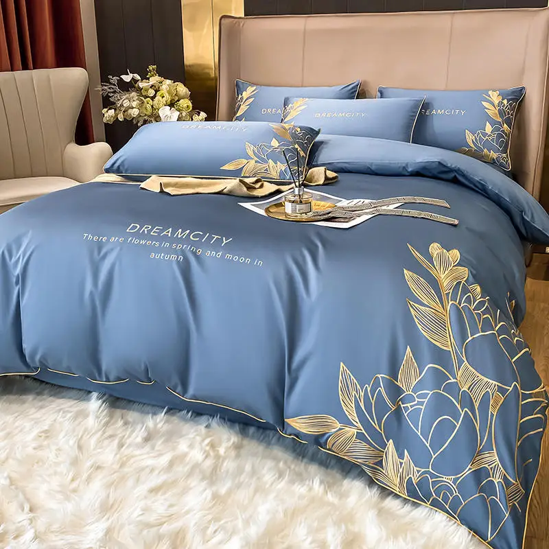 

Egypt Cotton Chic Art Embroidery Flowers Leaf Blue Bedding Set Double Queen King 4Pcs Solid Duvet Cover Bed Sheet Pillowcases