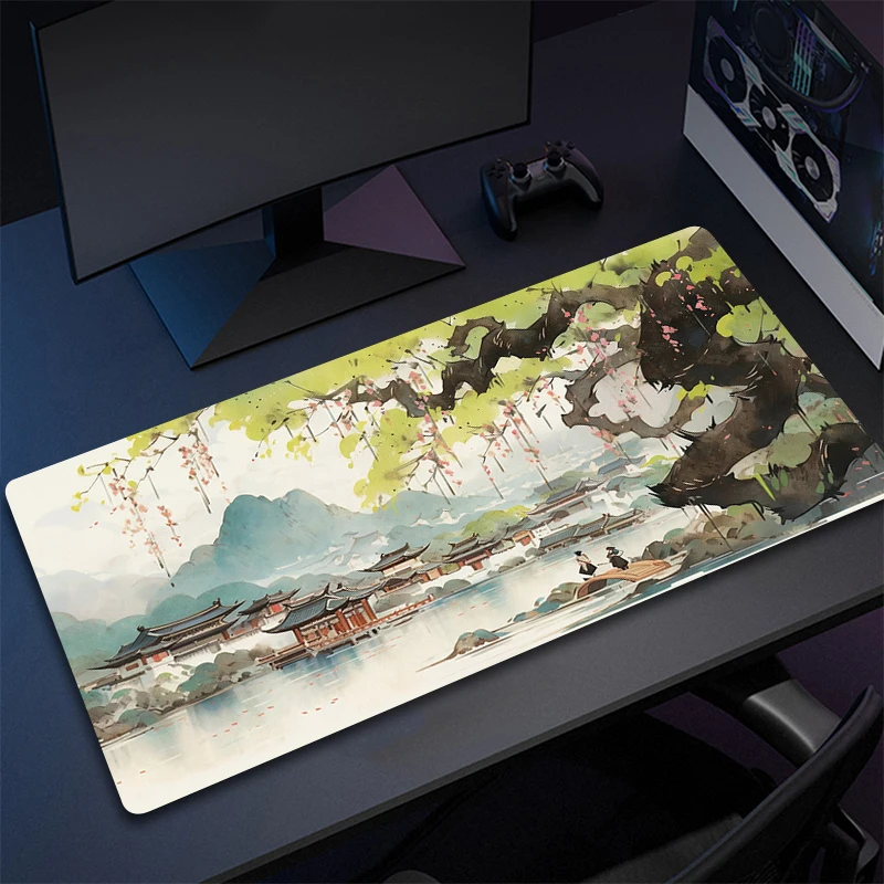 Large Desk Mat Pink Chinese Painting landscape Mousepad Gamer Accessories Mouse Mat Rubber Big Mouse Pad Computer Keyboard Pads 2