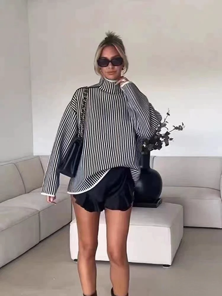 

Vintage Stripe Knit Turtleneck Women Pullover Long Sleeve Drop Shoulder Loose Oversized Sweater Autumn Chic Casual Warm Knitwear