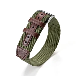 Black Khaki Army Genuine Leather and Nylon Weave Canvas Sport Watch Band Bracelet with Pin Buckle, 20mm or 22mm Strap Size - 22mm (Army green)