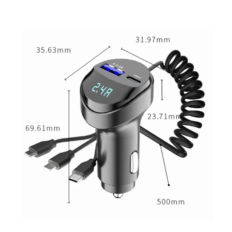 2 포트 USB 고속 차량용 전화 충전기, 3.1A 전압 표시, 3in 1 USB 개폐식 충전 케이블, 트럭 자동차