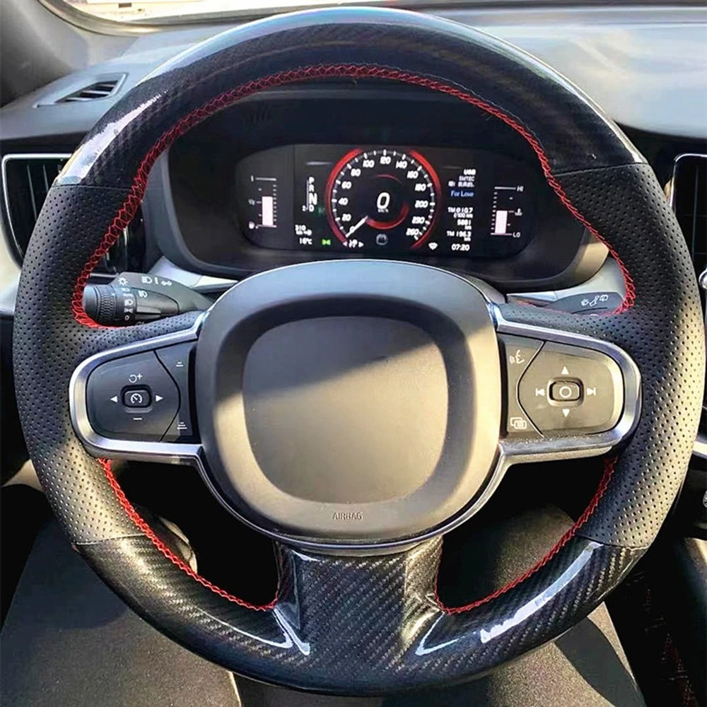 

DIY Car Steering Wheel Cover Hand-Stitched Non-slip Black Genuine Leather Carbon Fiber For Volvo XC90 2015-2017