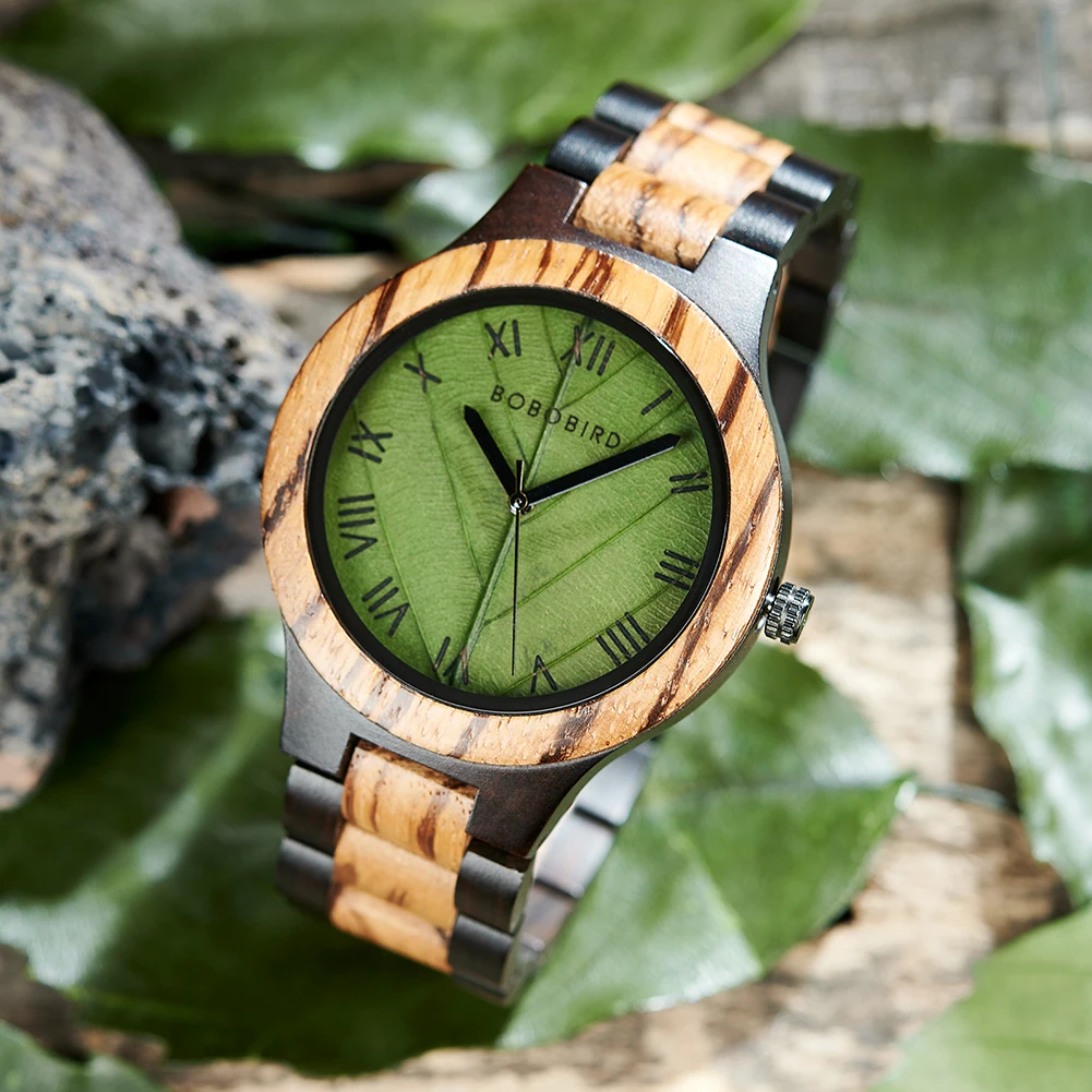 Men's Wood Watch with Genuine Leaf, BOBO BIRD Watch, Leaves Face Original Wooden Clock, Engraved Watch, Anniversary Custom Gift