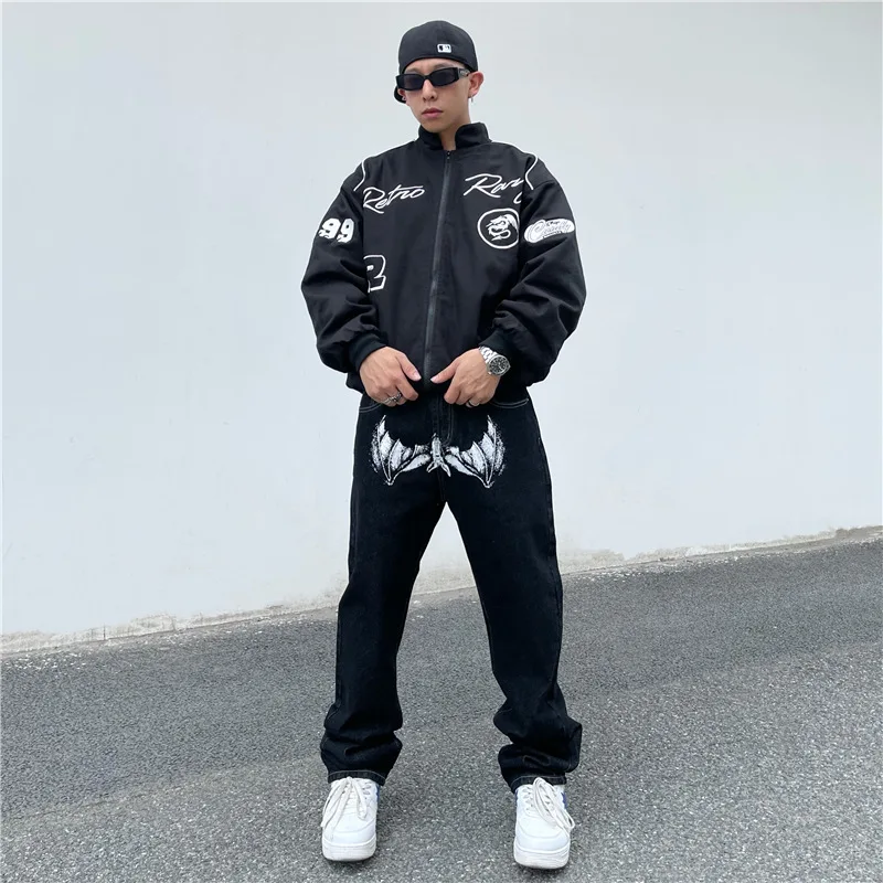 Wholesale Retro Multi Pocket Jeans Plus Size Loose Straight Trendy Brand Wide Leg Printed Black High Street Pants