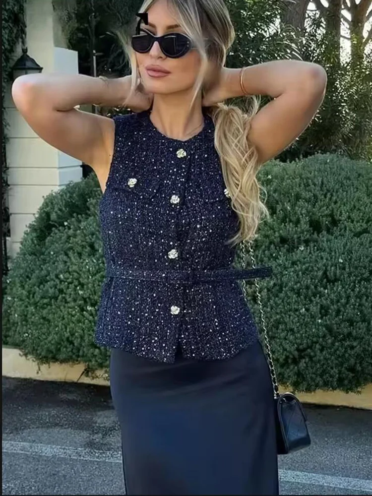 Women Sequin Blue Vest New Fashion With Belt Vests for Women 2024 Autumn Sleeveless Coat Streetwear Chic Waistcoat Tops