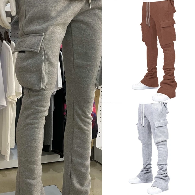Mens Drawstring Waist Jogger Pants Solid Color Pile Up Stacked Cargo Pants Workout Running Sweatpants with Multi Pockets 4