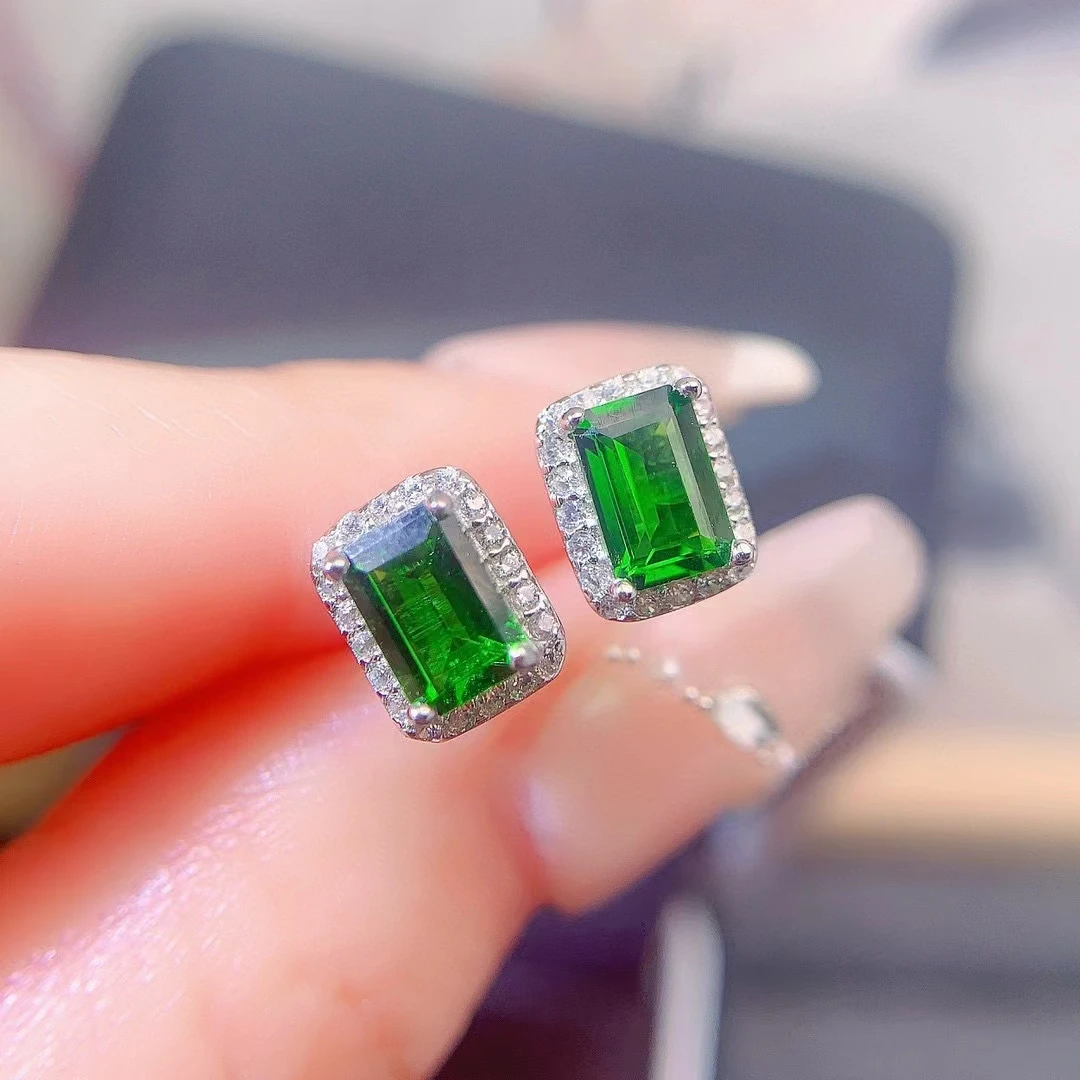 

925 Silver Rectangle Stud Earrings Allergy Free 4mm*6mm Total 1.1ct Natural Diopside Earrings with 3 Layers Gold Plated