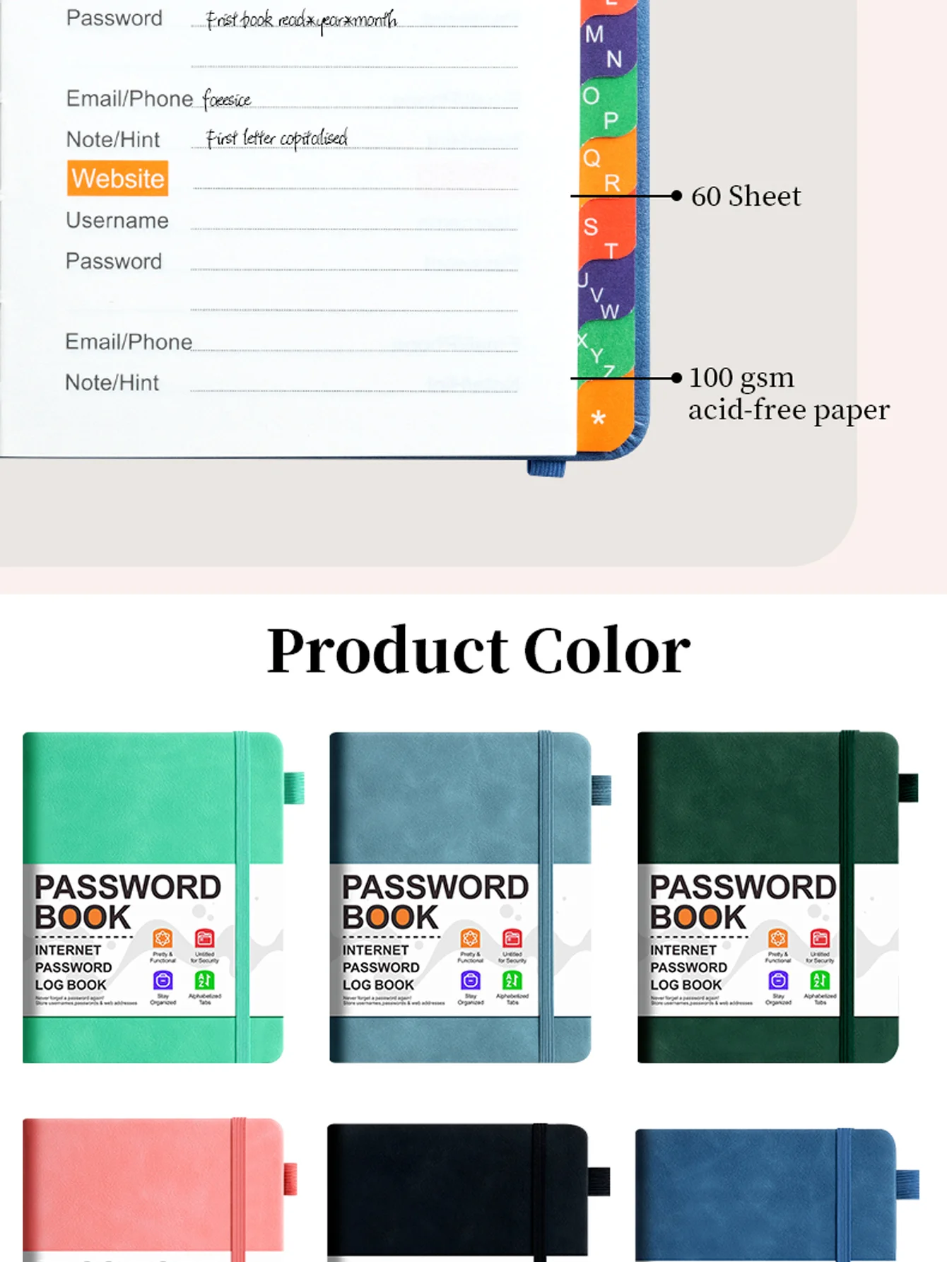 Passworthalterbuch, Computer-Passwort-Organizer-Buch mit alphabetischen Tabs, Taschenadresse, Log-Notizbuch für Kontrodetails – Detail 5
