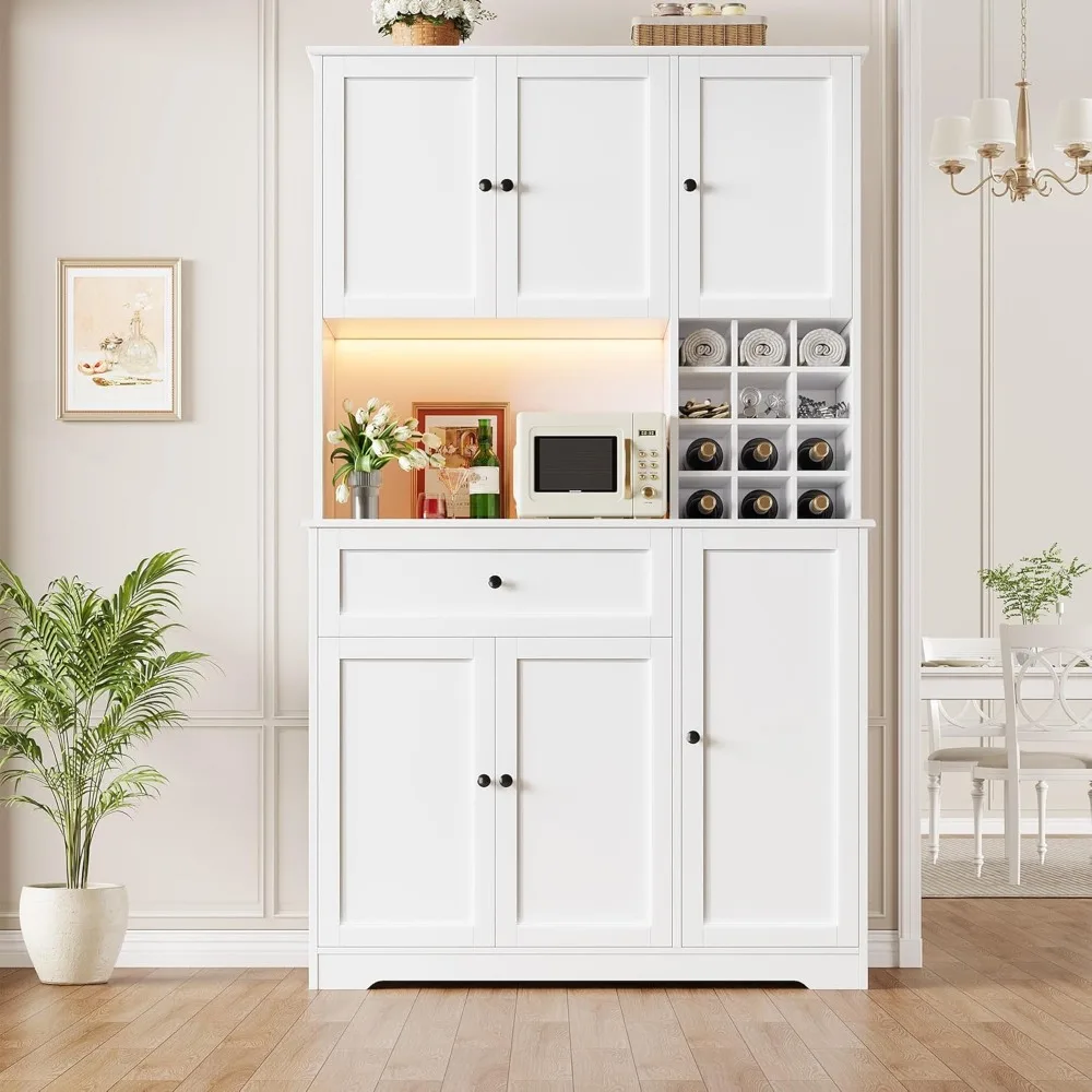 Pantry Cabinet with Charging Station and LED Lights, 71" Tall Kitchen Pantry Cabinet with Microwave Stand,Kitchen Hutch Cabinet 5