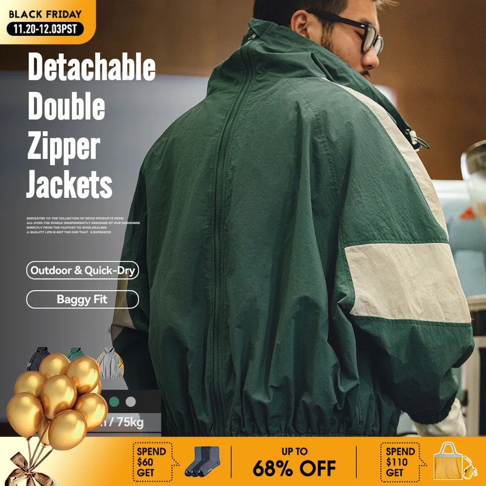 Maden Casual Detachable Double Zipper Patchwork Jackets Stand-up