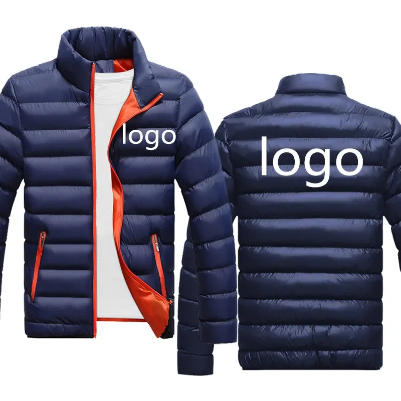 

Custom Your Logo Men Puffy Casual Jackets Warm Windproof Zipper Long Sleeve Coats Autumn Winter Outerwear Stand Collar Coat Male