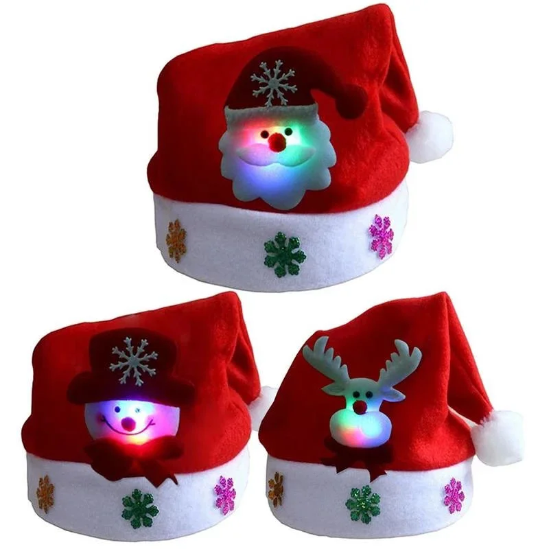 LED Christmas Hats Light Up Cap Santa Claus Hat Snowman Elk Xmas Hat Adult Kids New Year Festive Holiday Party Supplies Christmas Beanie Hat