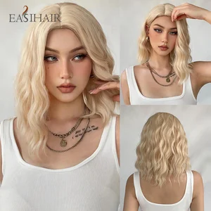 EASIHAIR пепельный блонд короткие Bobo средняя часть Synethetic натуральные парики Волнистые с челкой для женщин повседневный Косплей Термостойкое волокно