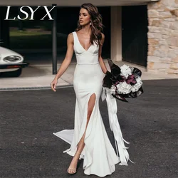 LSYX Deep V-Neck Sleeveless Simple Mermaid Wedding Dress Crepe Open Back High Side Slit Floor Length Bridal Gown Custom Made