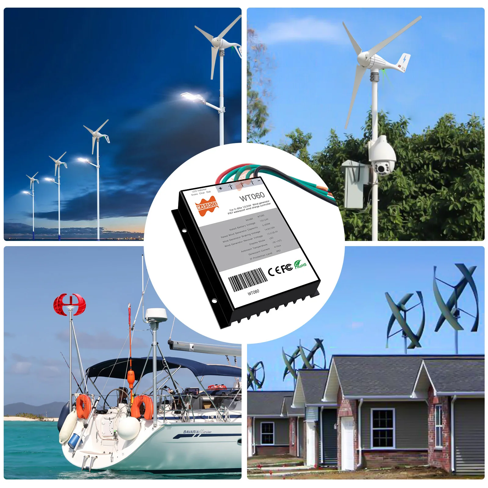 600W Wind PWM Controller 12 24V Auto DC Wind Power Charger For Turbine Generator Regulator Windmill IP67 System