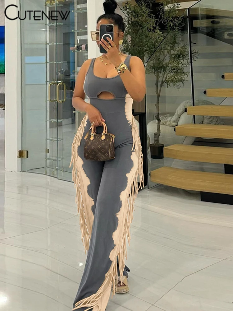 Panelled Casual Women Jumpsuits Summer Hipster Chic Tassel Sport U-neck Tank Hollow Slim Overalls Mujer Street One Piece