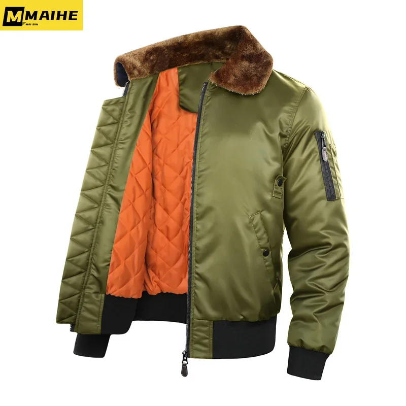 B-15 Retro Bomber Jacket Men's Winter Aviator Fur Collar Thickened Warm Padded Jacket Men's Tactical Hunting Windproof Parka