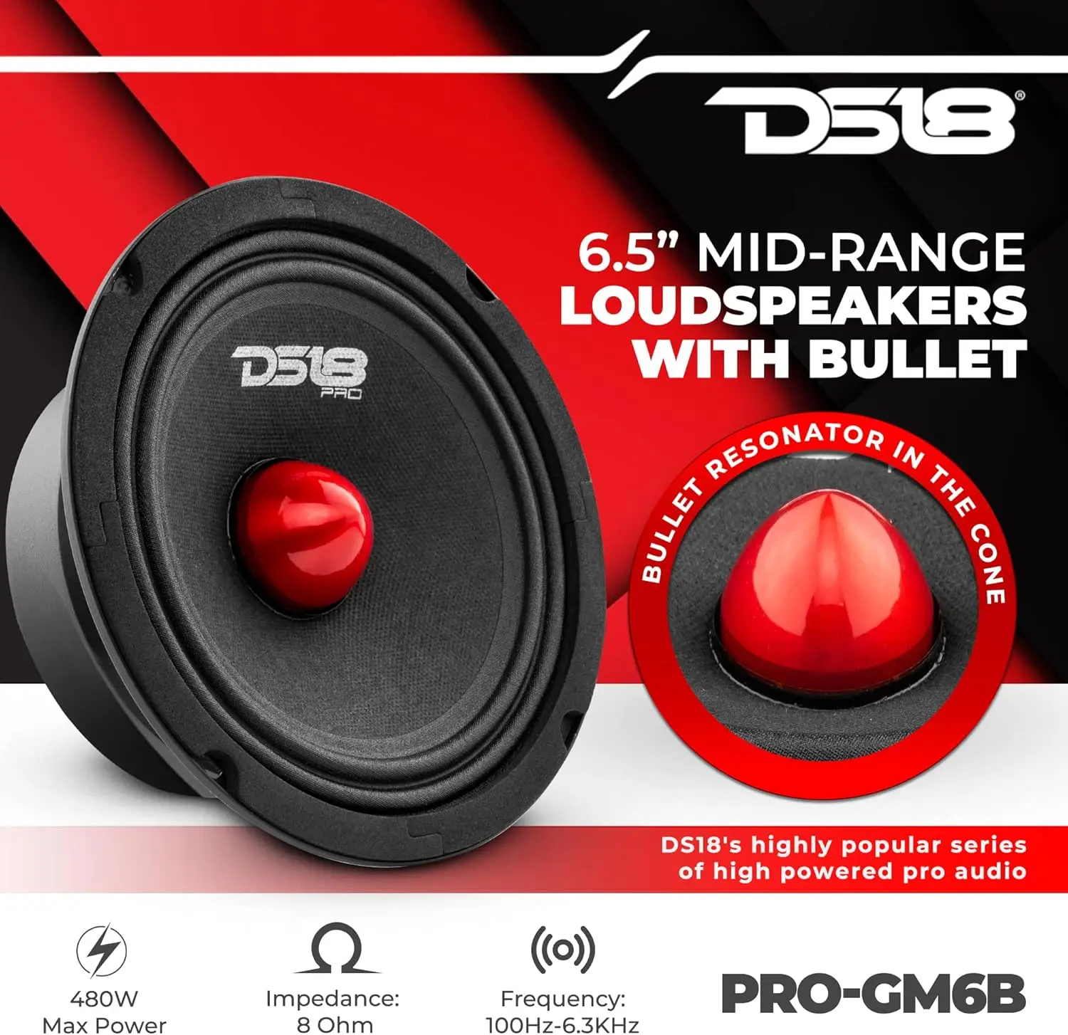 PRO-GM6B 6.5' Midrange Speaker, 480W Max, 140W RMS, 8 Ohms, Red Bullet-Premium Car Door Speaker