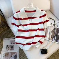 New Striped Pattern Collared Sweater Versatile Short Sleeve Knitted Top For Spring & Summer Women's Clothing Crop Top 1