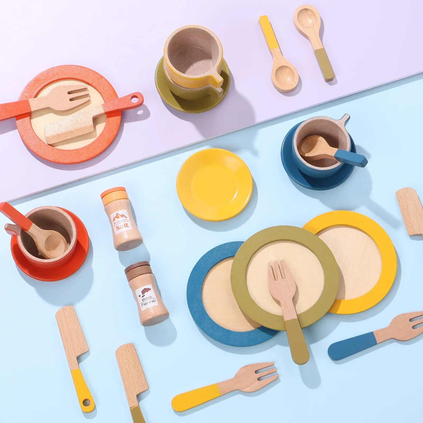 Pretend Play Wooden Kitchen Toys Set Toddler Educational Pretend Dish Toy Simulation Kitchen Toys Accessories for Kids Toddlers