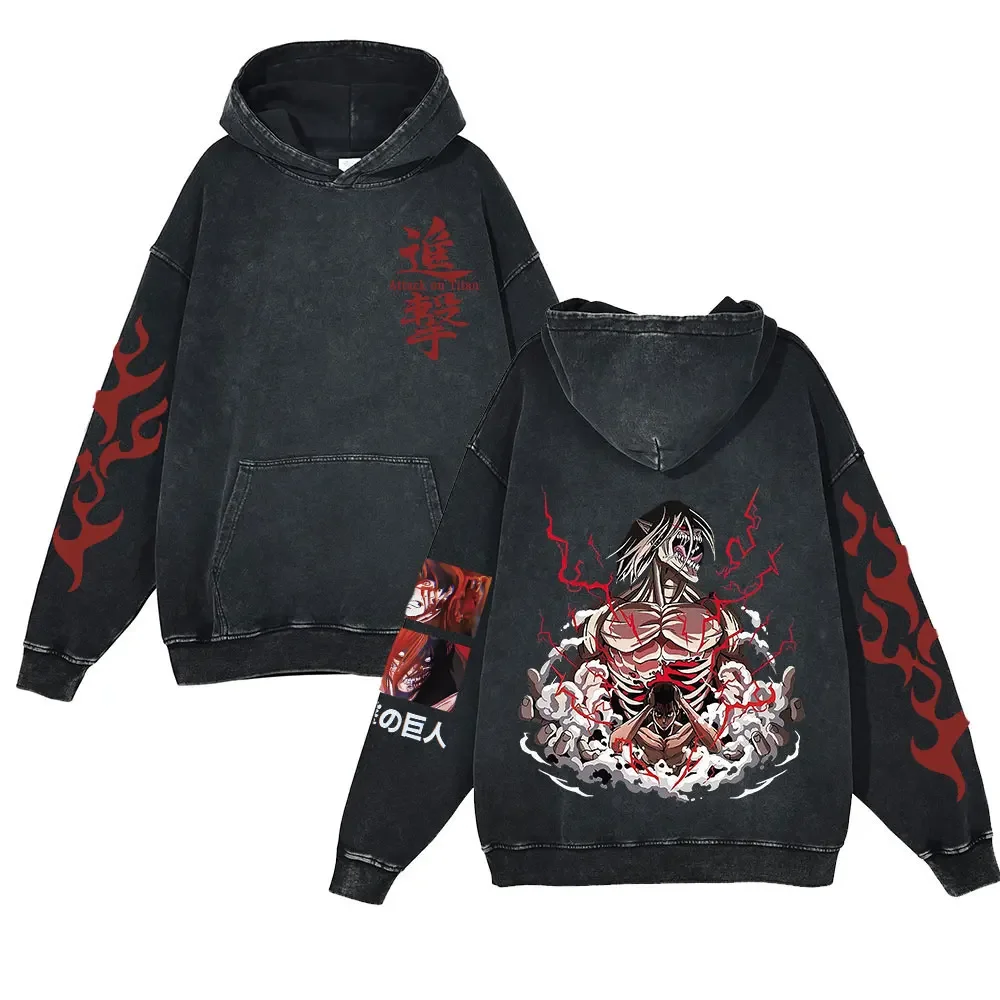 

Vintage Hip Hop Anime Attack On Titan Washed Hoodies Men Women Cotton Hooded Sweatshirts Harajuku Casual Y2K Pullover Tops