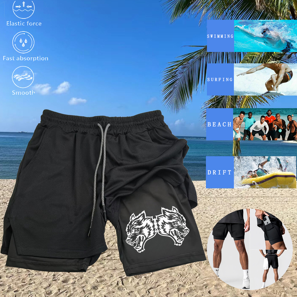 WOLF Summer Trend Men's Pair Shorts Printed 2 in 1 Sports Shorts Quick Dry Breathable Running and Fitness Beach Shorts