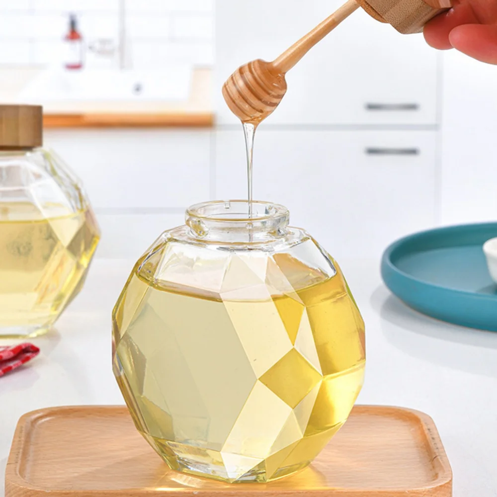 Hexagonal Glass Honey Bottle with Wooden Stirring Rod Honey Packaging Bottle Small Honey Bottle Container Honey Jar Storage Can 3