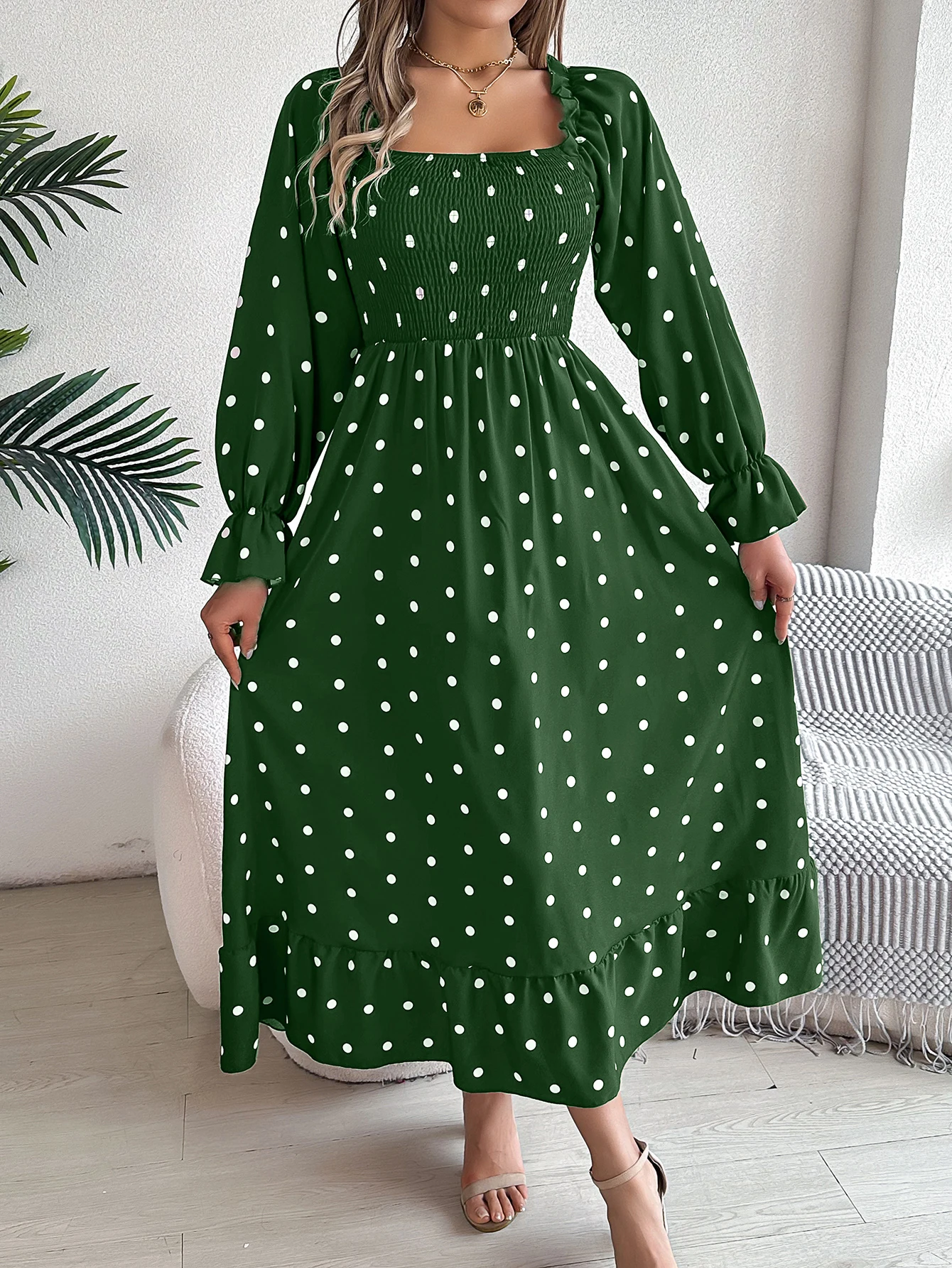 Women Polka Dot Long Sleeve Square Neck Dress