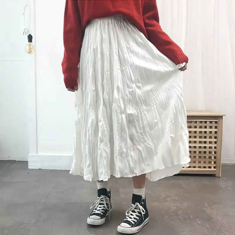 

Summer Autumn Pleated High Waist A-line Maxi Long Black Skirt Korean Fashion Women's Clothing Solid Vintage Thin White Skirt